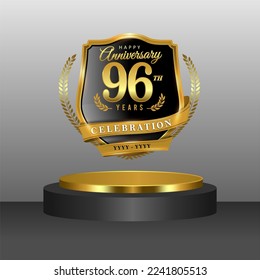 96 years gold anniversary celebration logo with 3d golden cylinder podium , isolated on grey background