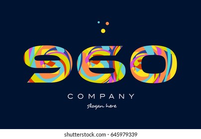 960 number digit numeral logo colored colorful rainbow acrylic modern creative vector icon design template