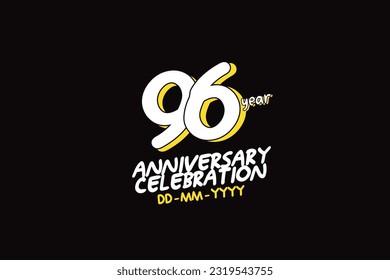 96th, 96 years, 96 year anniversary with white character with yellow shadow on black background-vector