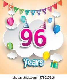 96th Anniversary Celebration Design, with clouds and balloons. using Paper Art Design Style, Vector template elements for your, ninety six years birthday celebration party.