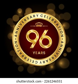 96th Anniversary Celebration. logo design with golden number and ring for birthday celebration event, invitation, greeting card, banner, poster, flyer, brochure, book cover. Logo Vector Template