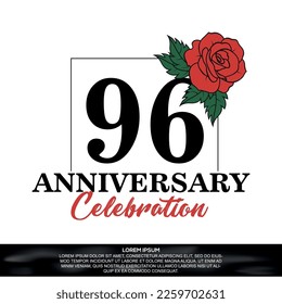 96th anniversary celebration logo  vector design with red rose  flower with black color font on white background abstract  