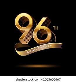 96th Anniversary celebration logotype colored with shiny gold, using ribbon and isolated on black background