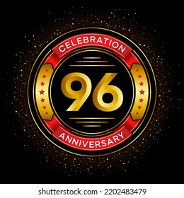 96th anniversary celebration with red ribbon isolated on black background, vector design