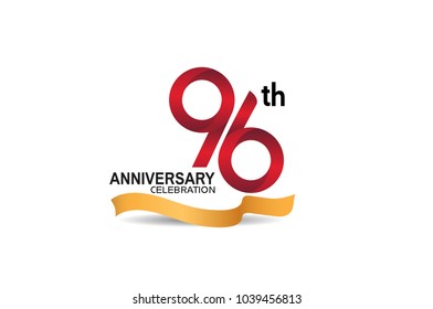96th anniversary design logotype red color and golden ribbon for celebration isolated on white background
