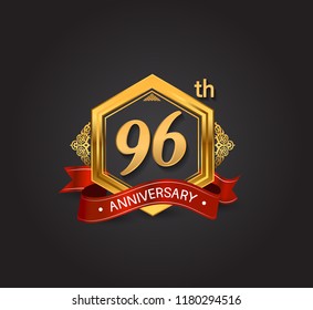 96th anniversary design logotype style with golden hexagon, ornament and red ribbon for use in celebration event.