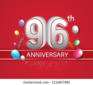 96th anniversary design red background with balloons and confetti for company celebration event 