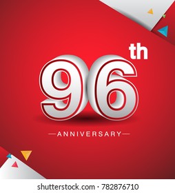 96th anniversary design with white number  on red background and confetti for celebration