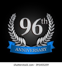 96th anniversary logo with blue ribbon and laurel wreath, vector template for birthday celebration.