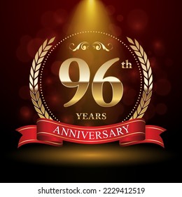 96° Aniversario. Diseño del logo del aniversario con corona Laurel y cinta roja para la celebración del evento, boda, invitación, tarjeta de saludo. Ilustración del vector