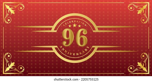 96th Anniversary Logo With Golden Ring, Confetti And Gold Border Isolated On Elegant Red Background, Sparkle, Vector Design For Greeting Card And Invitation Card
