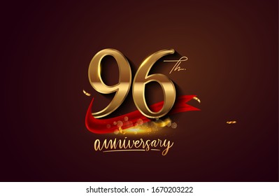 96th anniversary logo with red ribbon and golden confetti isolated on elegant background, sparkle, vector design for greeting card and invitation card.