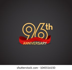 96th anniversary logotype design with line golden color and red ribbon for celebration isolated on dark background