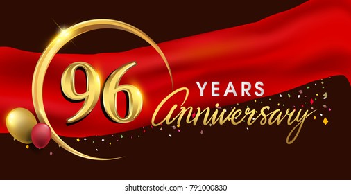 96th anniversary logotype with golden ring isolated on red ribbon elegant background, vector design for birthday celebration, greeting card and invitation card.