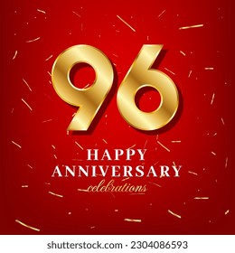 96th anniversary vector template with a golden number and golden confetti spread on a red background