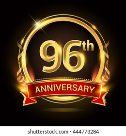 96th golden anniversary logo with ring and red ribbon, vector design.