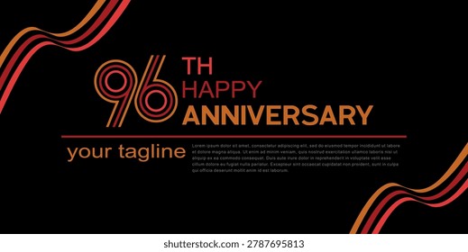 96th happy anniversary template featuring multi-line typography and wavy orange ribbons on a black backdrop.