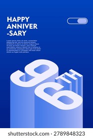 96th Modern anniversary poster template featuring a bold 3d isometric number on a vibrant blue background.