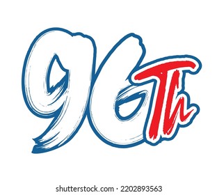 96th Ordinal Number counting vector art illustration with stunning font on red trim blue on white background