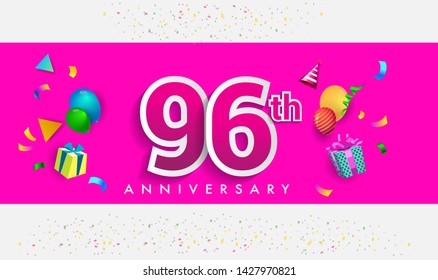 96th Years Anniversary Celebration Design, with gift box and balloons, ribbon, Colorful Vector template elements for your birthday celebrating party.