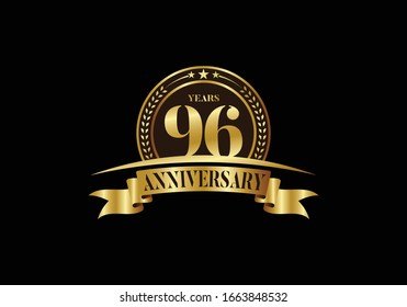 96th years anniversary logo template, vector design birthday celebration, Golden anniversary emblem with ribbon. Design for a booklet, leaflet, magazine, brochure, poster, web, invitation or greeting