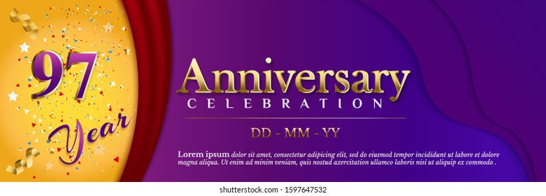  97 Anniversary celebration banner template with ribbon and red curtain on luxury purple paper cut background