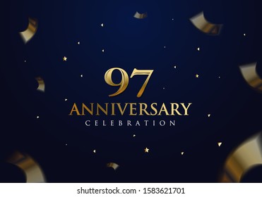 97 Anniversary celebration design on luxury royal blue background with stars, glitters and streamer ribbons. Vector festive illustration. Birthday or wedding party event decoration.