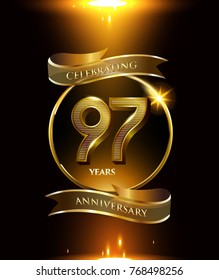 97 anniversary logo with golden ring and ribbon colored isolated on black background, vector design for party greeting card and invitation card. celebration logotype template