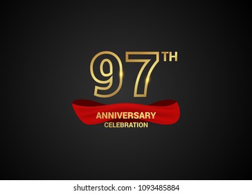 97 anniversary logotype design with line golden color and red isolated on dark background