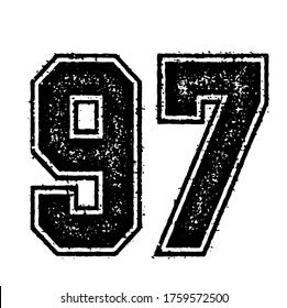 97 Classic Vintage Sport Jersey / Uniform numbers in black with a black outside contour line number on white background for American football, Baseball and Basketball