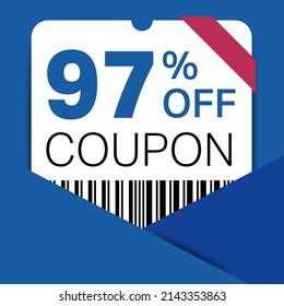97% Coupon promotion sale for a website, internet ads, social media gift 97% off discount voucher. Big sale and super sale coupon discount. Price Tag Mega Coupon discount with vector illustration.