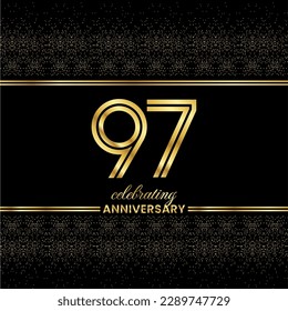 97 Golden Double Line Number. Anniversary invitation cover with glitter separated by golden double lines on a black background
