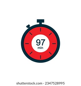 97 minutes, 97 min stopwatch vector icon. Stopwatch icon in flat style on a white background. Vector.