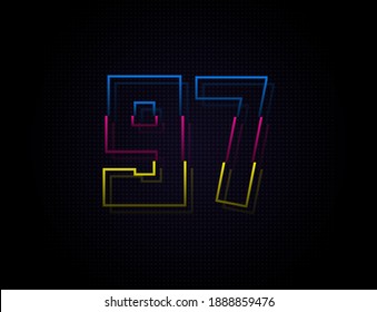 97 number colorful outline stroke font. Trendy, dynamic creative style design. Vivid vector font for logo, brand label, design elements, nightlife, application etc