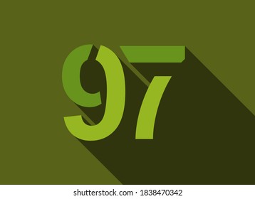 97 Number with long shadow, green colors cutting style. For logo, brand label, design elements, corporate identity, application & more. Vector editable illustration.