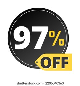 97% off limited special offer. Discount banner in red and yellow circular balloon, super discount