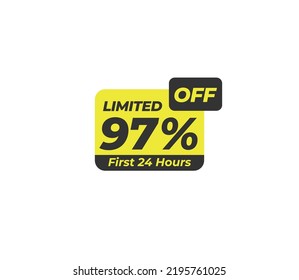 97% off price tag discount product banner label vector art illustration. Isolated on White Background in yellow color