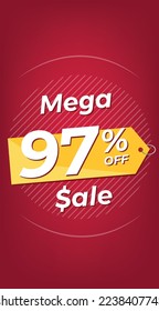 97% de descuento. Banner de descuento rojo con noventa y siete por ciento. Publicidad para promoción de Mega Venta. Formato de historias