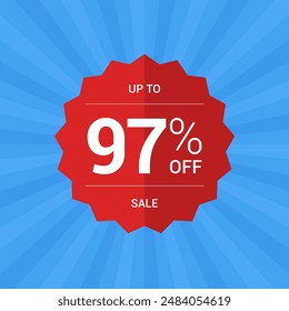 Up to 97% off sale promotion. Ninety seven percent sale tag symbol. Promotion flat vector badge graphic. Red Sticker emblem. Modern design on blue background.