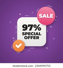 97 percent discount offer tag. 3d bubble chat banner. Discount offer coupon. Sale price promo sign. Special offer symbol. Discount adhesive tag. Promo banner. Vector svg