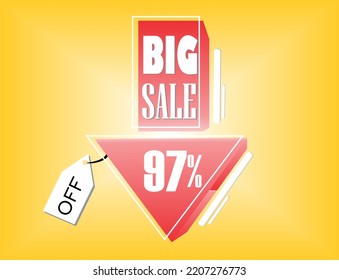 97 PERCENT DISCOUNT, RED BIG SALE INDICATIVE FLOATING ARROW WITH WHITE FONT AND DETAILS, YELLOW BACKGROUND