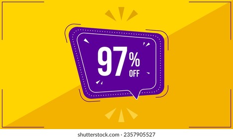 97 percent, ninety seven percent. Discount banner shape. Sale coupon purple bubble icon. Special offer badge. Yellow abstract background. Modern concept design. Banner with offer badge. Vector svg
