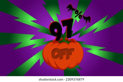 97 percent off. Banner, with pumpkin, green rays and purple background with gradient, bat wings, halloween theme. svg