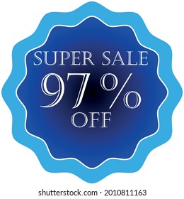 97 percent off blue tag. banner for promotional offers, super sale, tag discount, banner mega sale, white font.