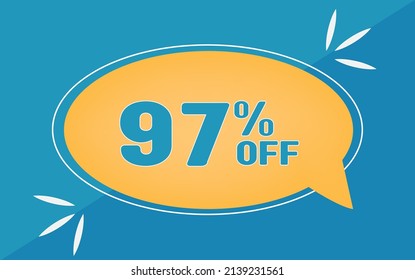 97 percent off. Dicount for big sales. Yellow ballon and blue background.