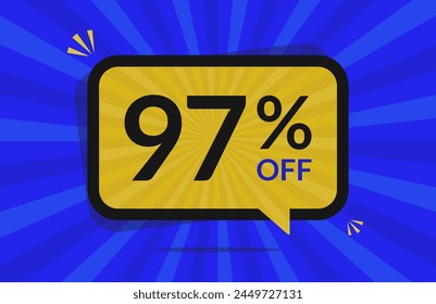 97 percent off. 97% discount. Blue and Yellow banner with floating balloon for promotions and offers. svg