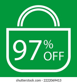 97 percent off. Green banner with shopping bag illustration.