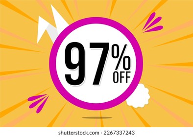 97 percent off. Orange banner with floating pink and white balloon for easter special offer and promotion.