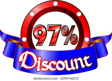 97 percent off, red disk and blue ribbon, vector illustration for wholesale and retail, illustrative art, beautiful percentage % illustration, vector banner. God is good! svg