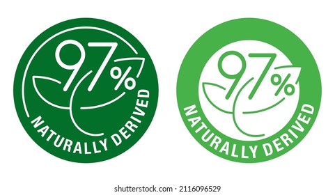 97 percents Naturally Derived - badge in circular shape for healthy food products composition labels - vector isolated pictogram in 2 variations with outline plant leaf